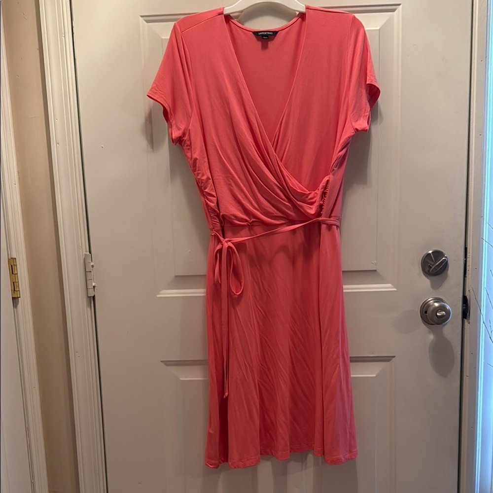 Lands' End Coral Short Sleeve Wrap Midi Dress